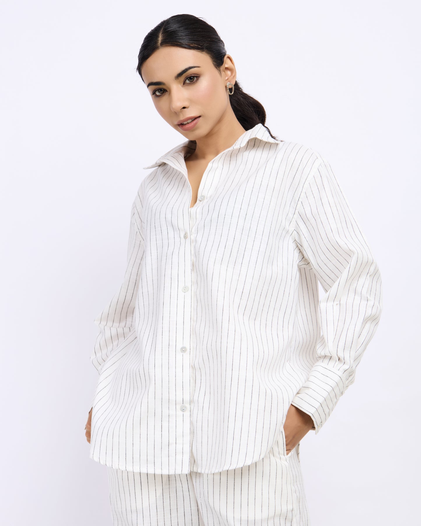 White Pin Striped Linen Set