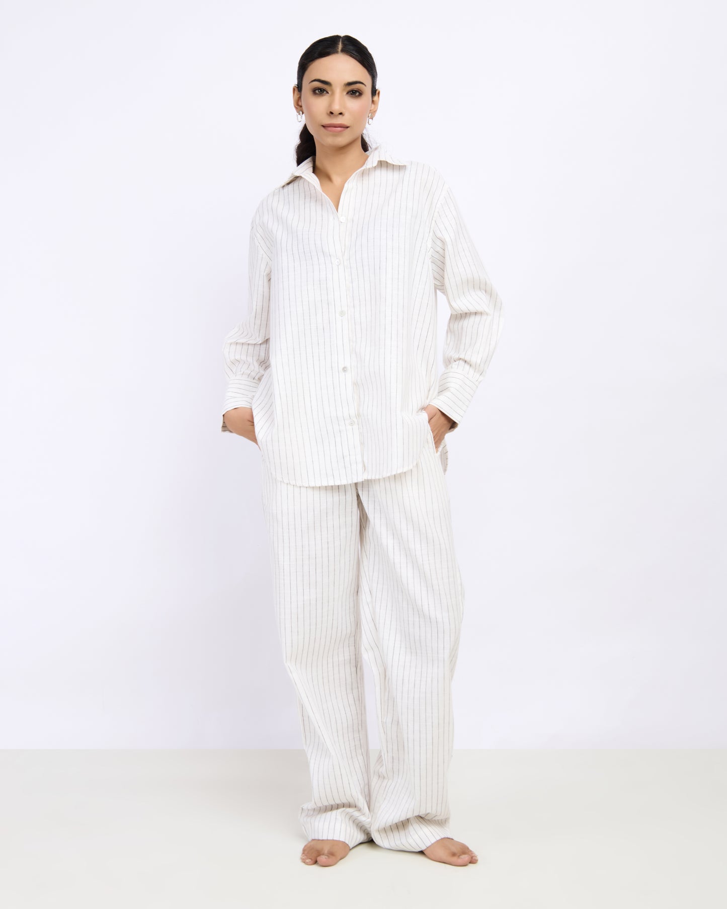 White Pin Striped Linen Set