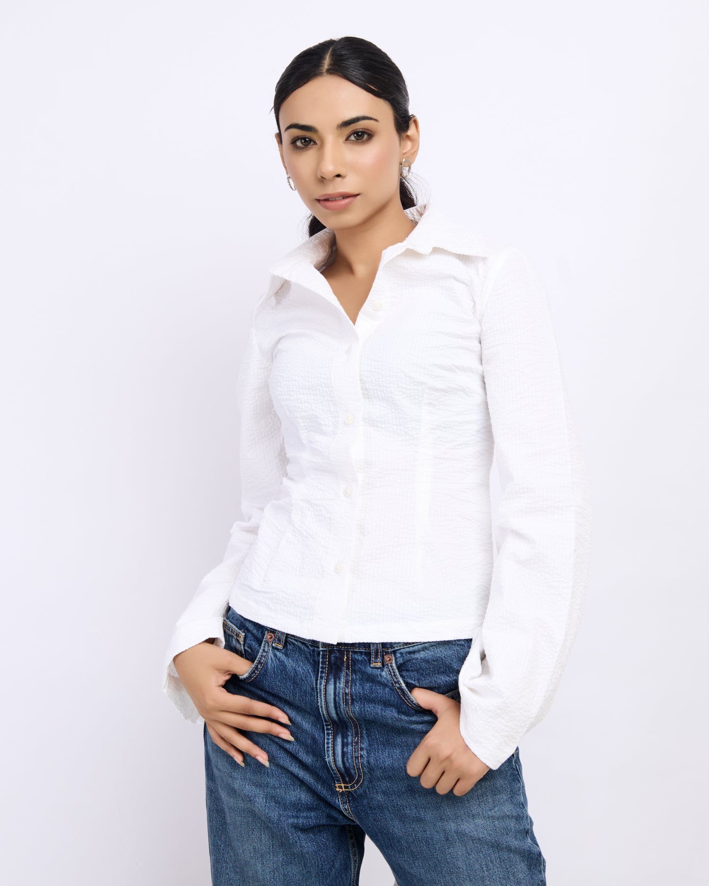 White Slim Fit Shirt – Women’s Seersucker Cotton Shirt with Tie-Back Detail