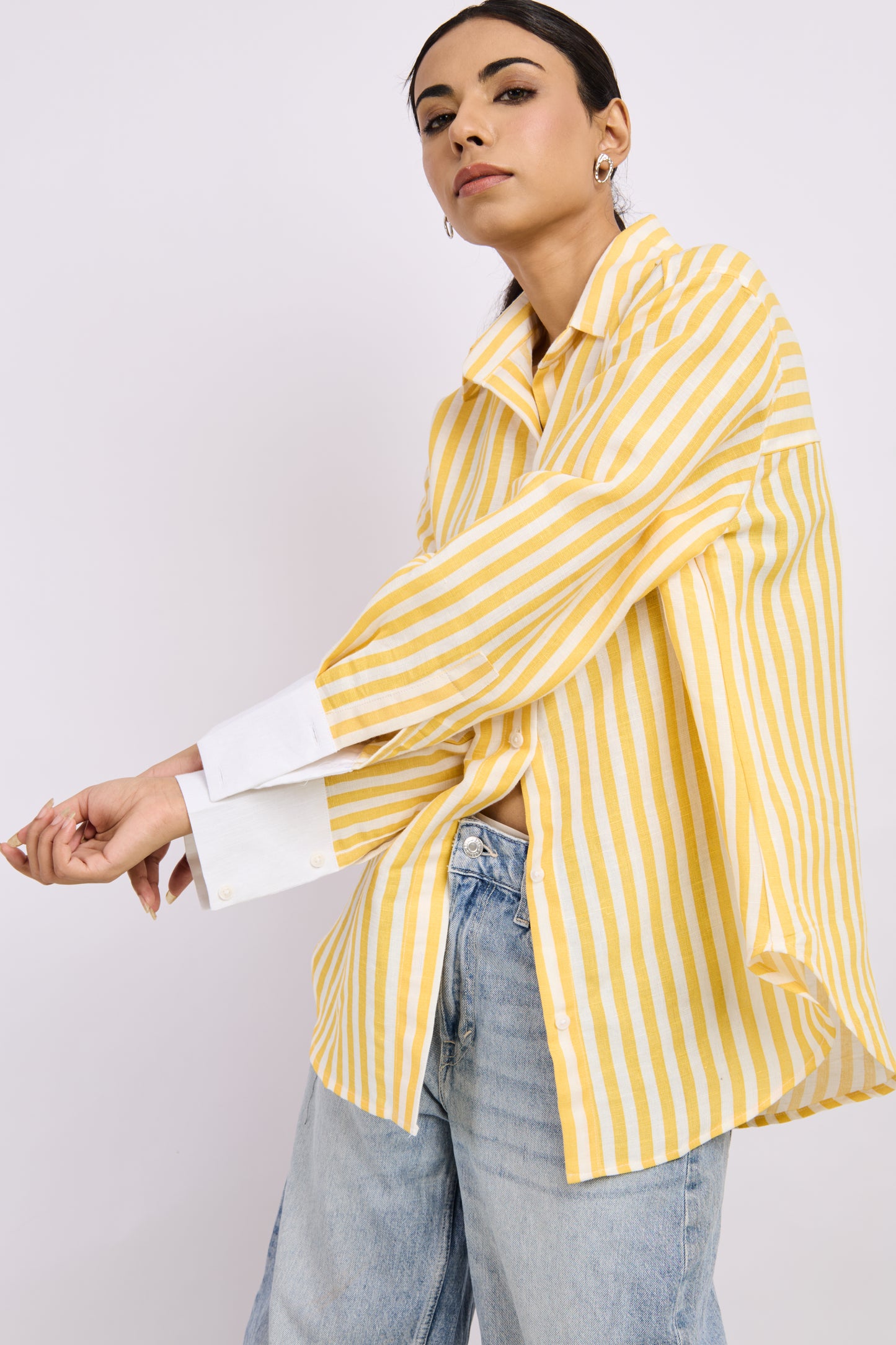 Lemon Yellow Linen Striped Shirt