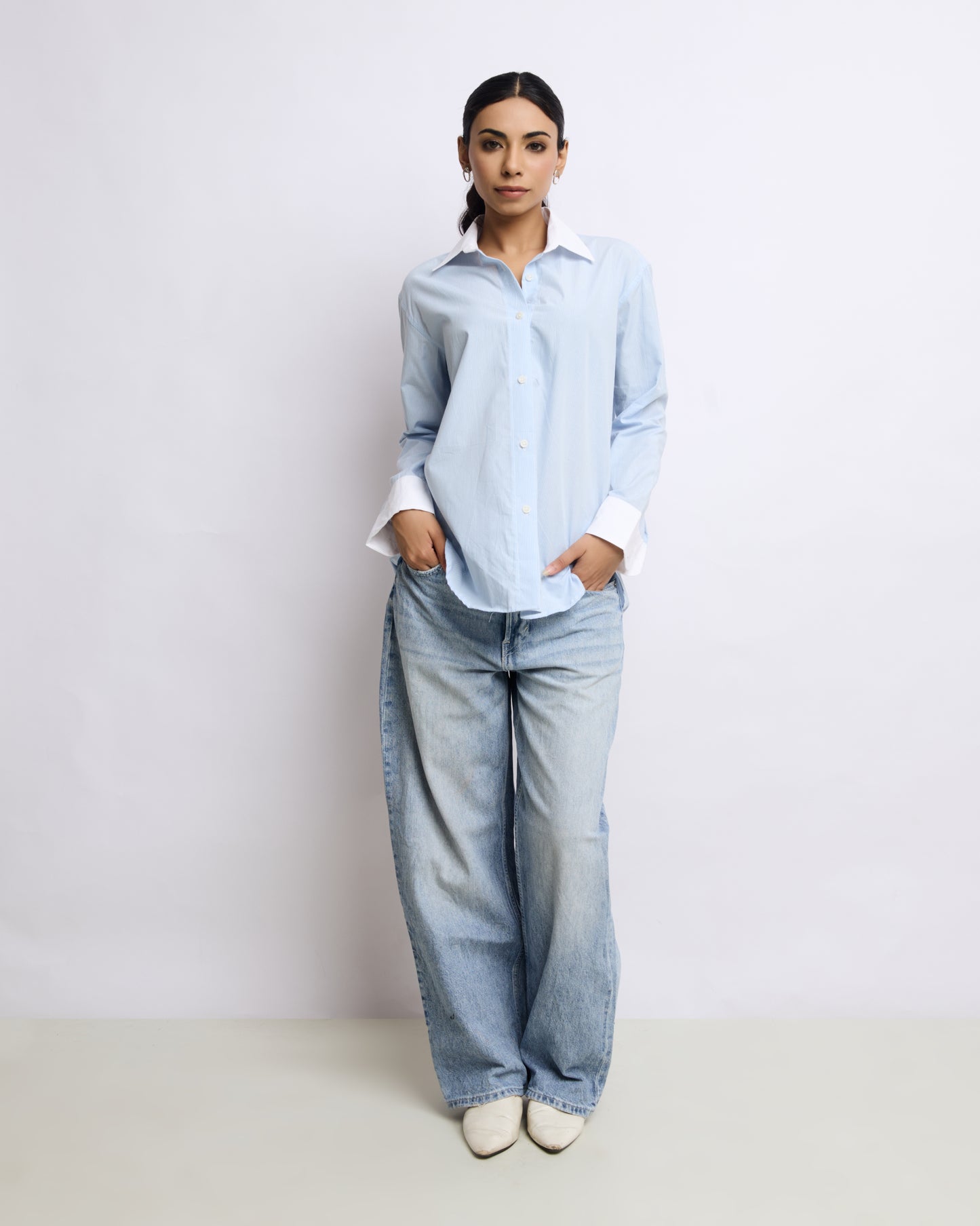 Blue Striped Shirt with White Cuffs and Collar