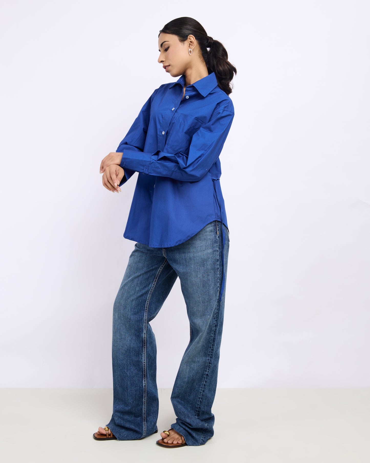 Blue Poplin Shirt with Tie-back Detail