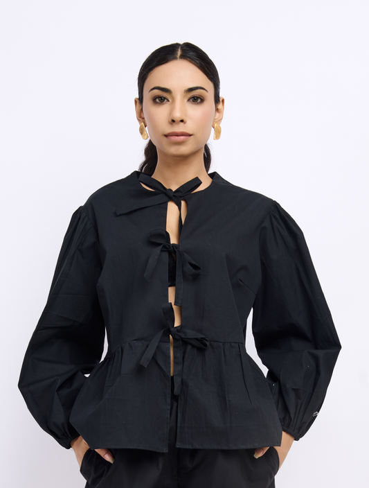 Black Cotton Poplin Bow Top with Balloon Sleeves