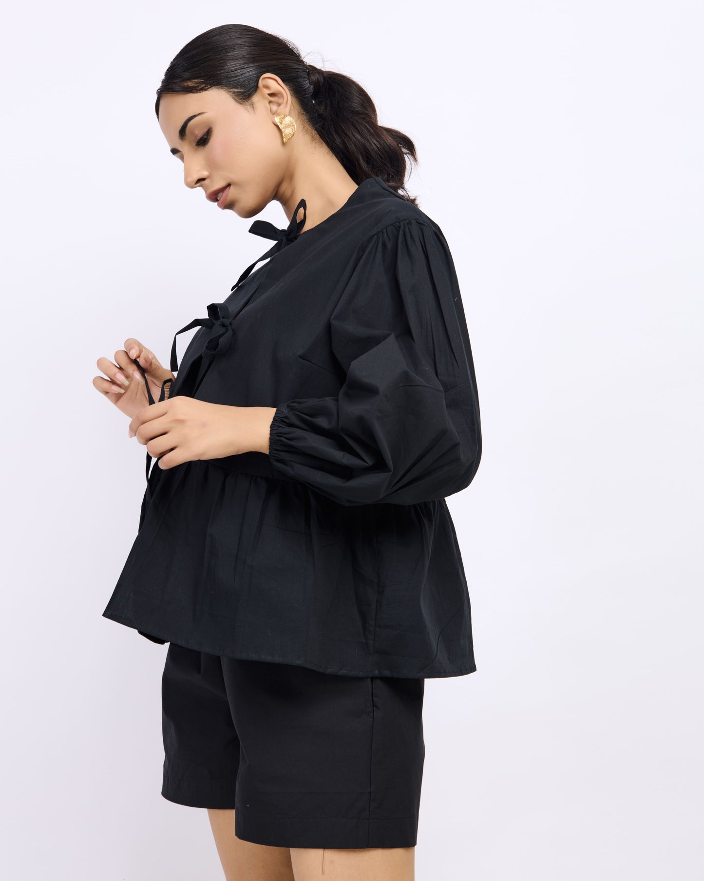 Black Cotton Poplin Bow Top with Balloon Sleeves