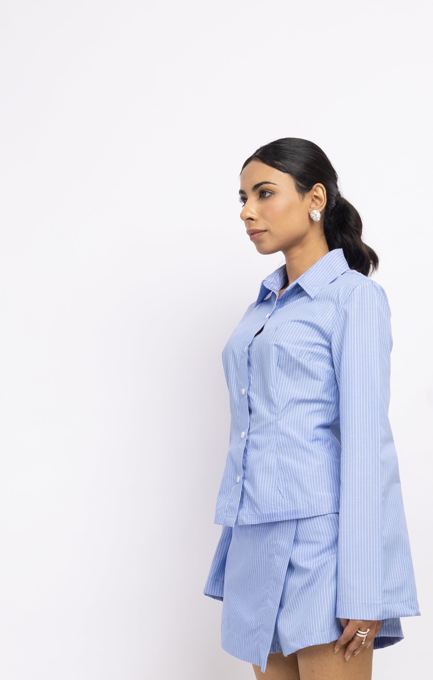Light Blue Striped Cotton Poplin Shirt & Skort Set