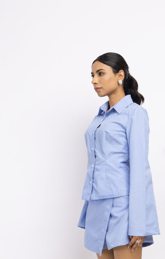 Light Blue Striped Cotton Poplin Shirt & Skort Set