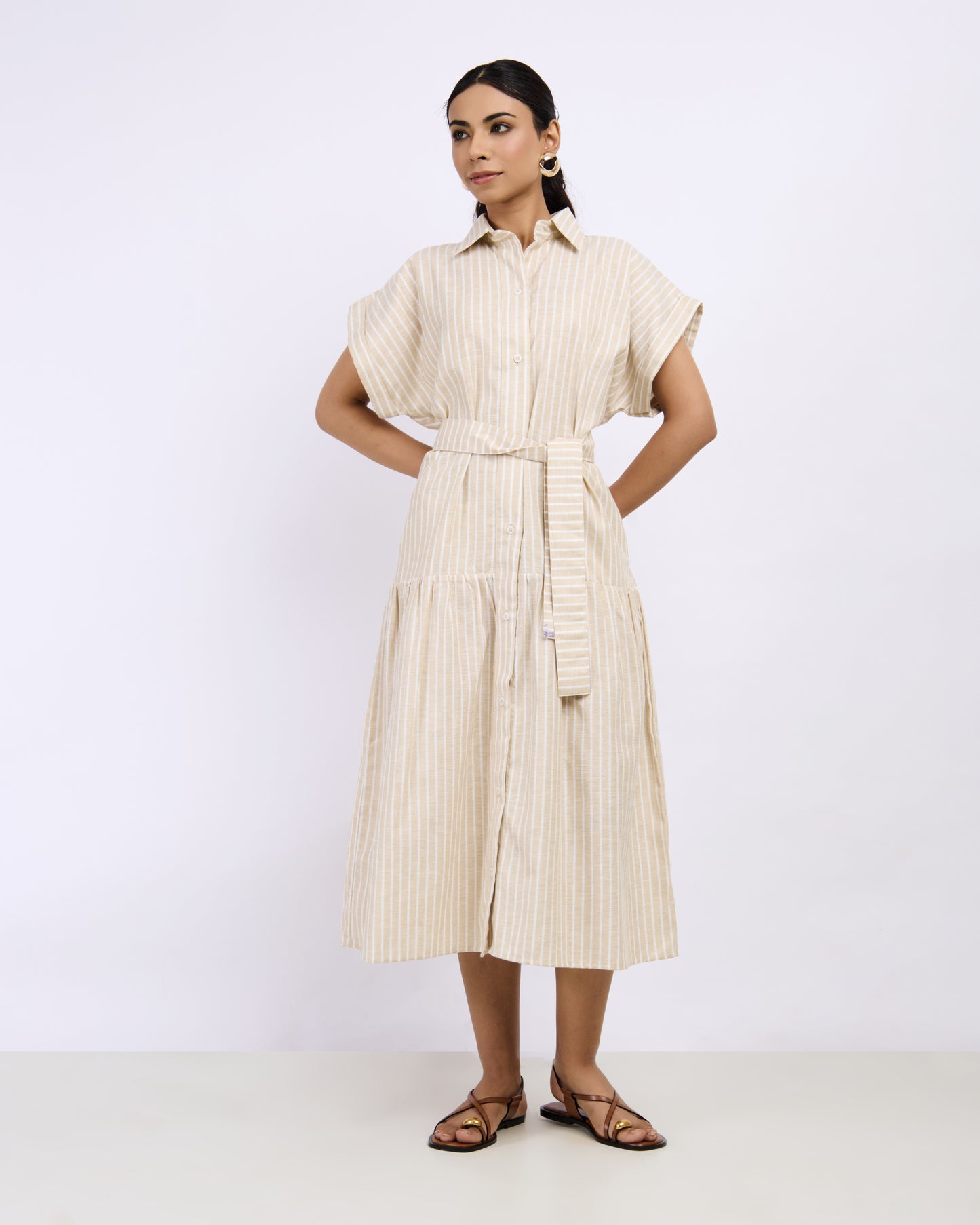 Beige Striped Long Dress