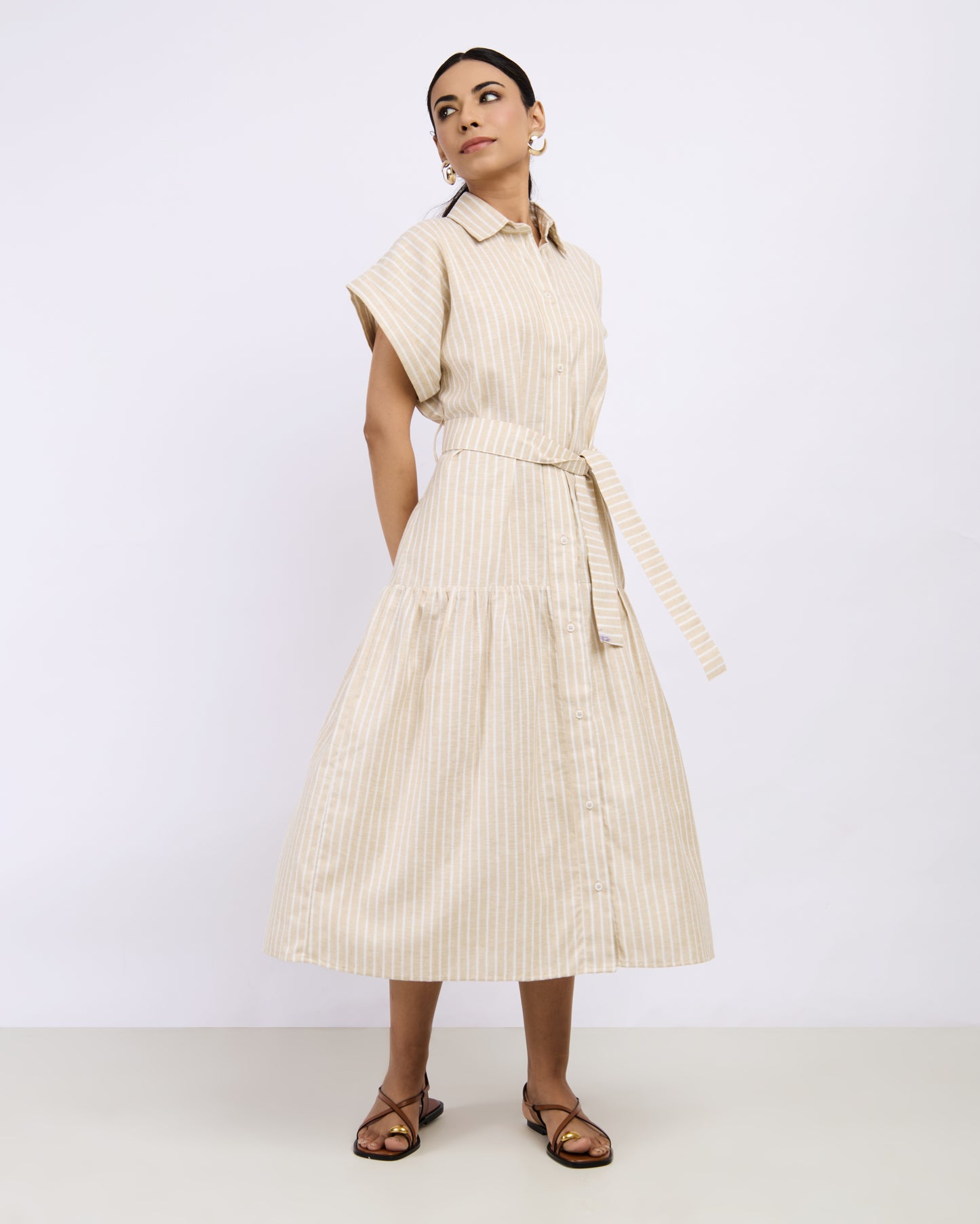 Beige Striped Long Dress