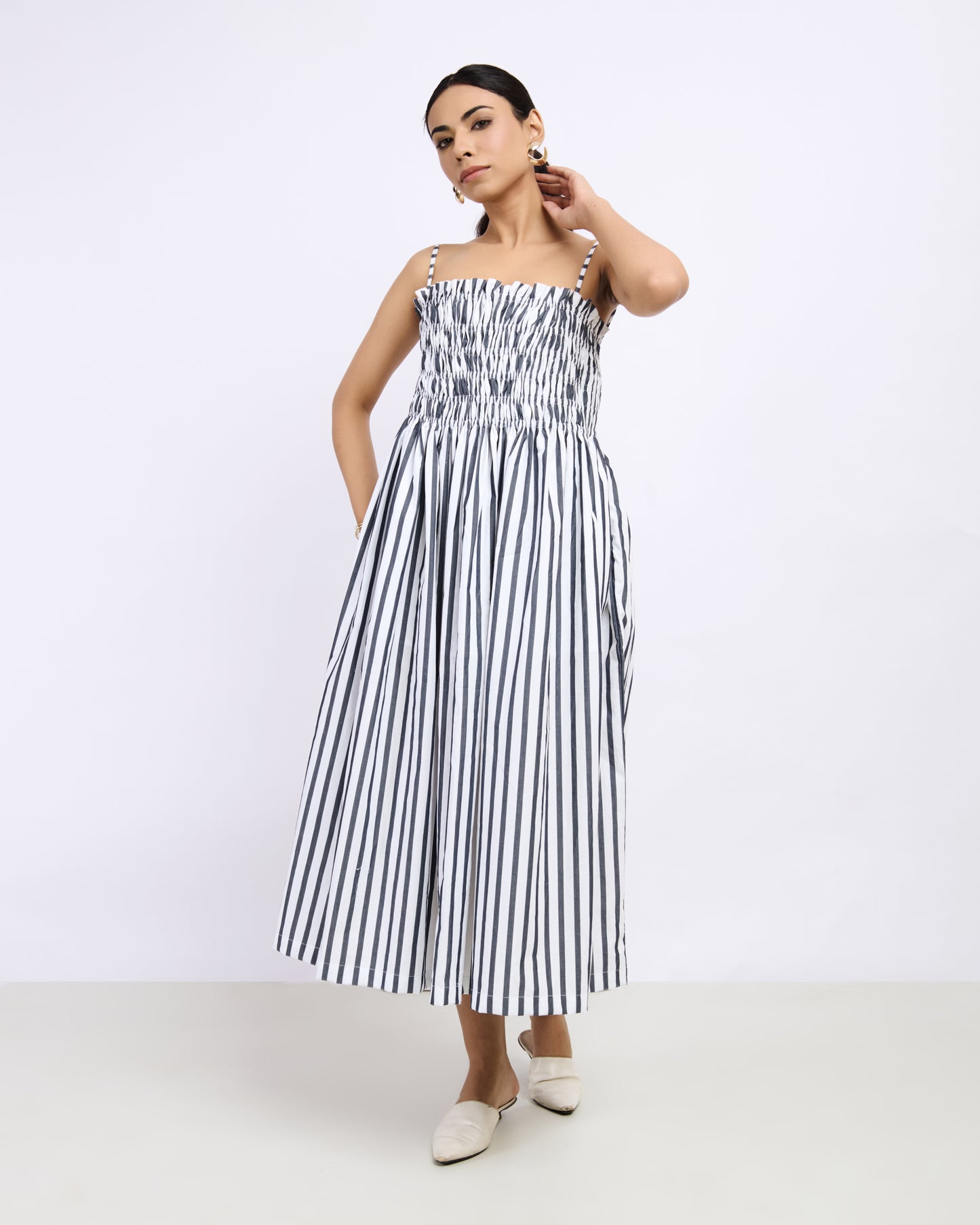 Black & White Striped Gathered Smocked Maxi Dress