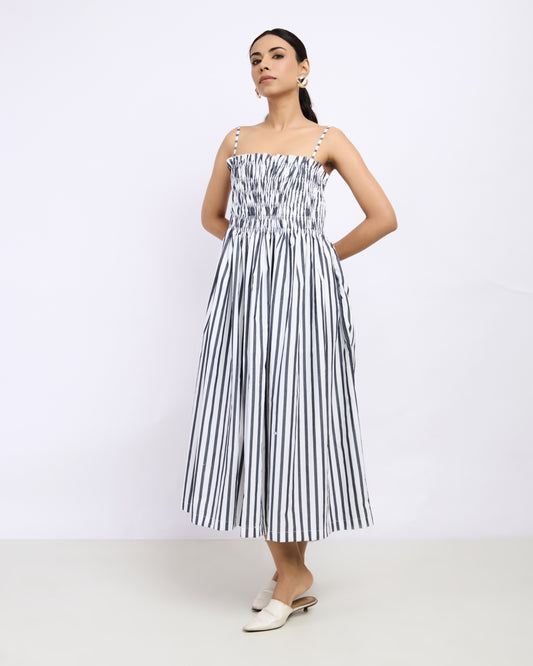 Black & White Striped Gathered Smocked Maxi Dress