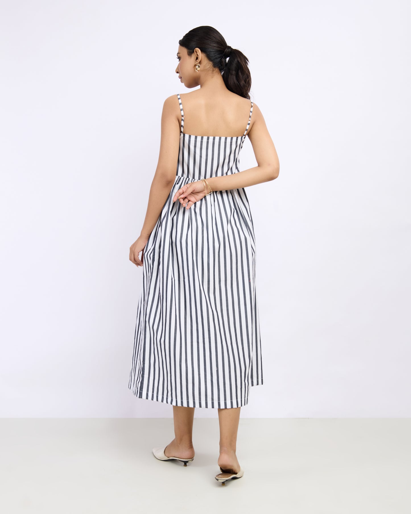 Black & White Striped Gathered Smocked Maxi Dress