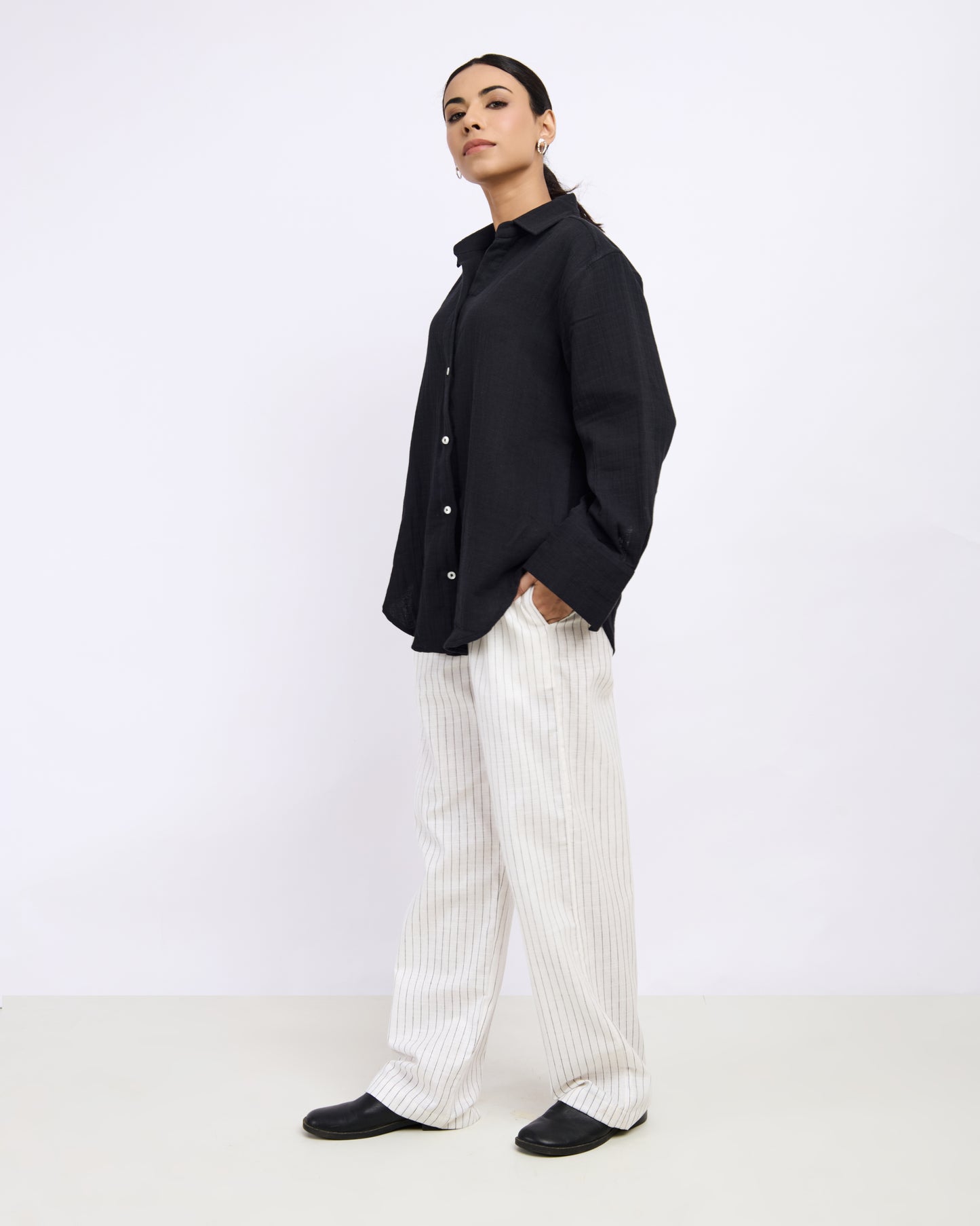 Black Cotton Gauged Shirt