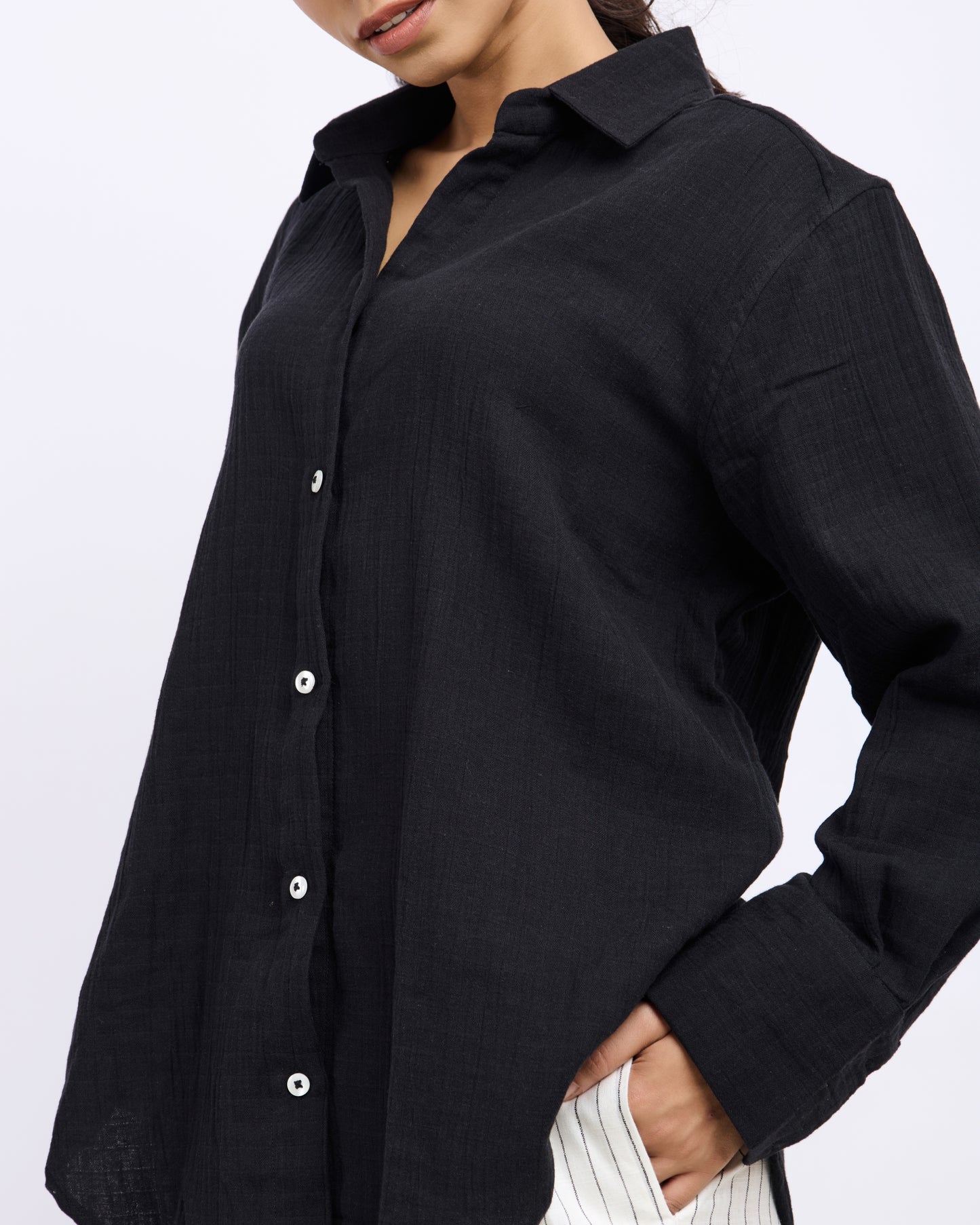 Black Cotton Gauged Shirt