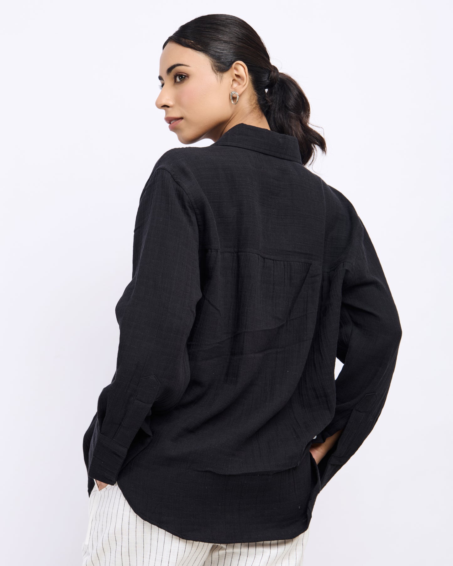 Black Cotton Gauged Shirt