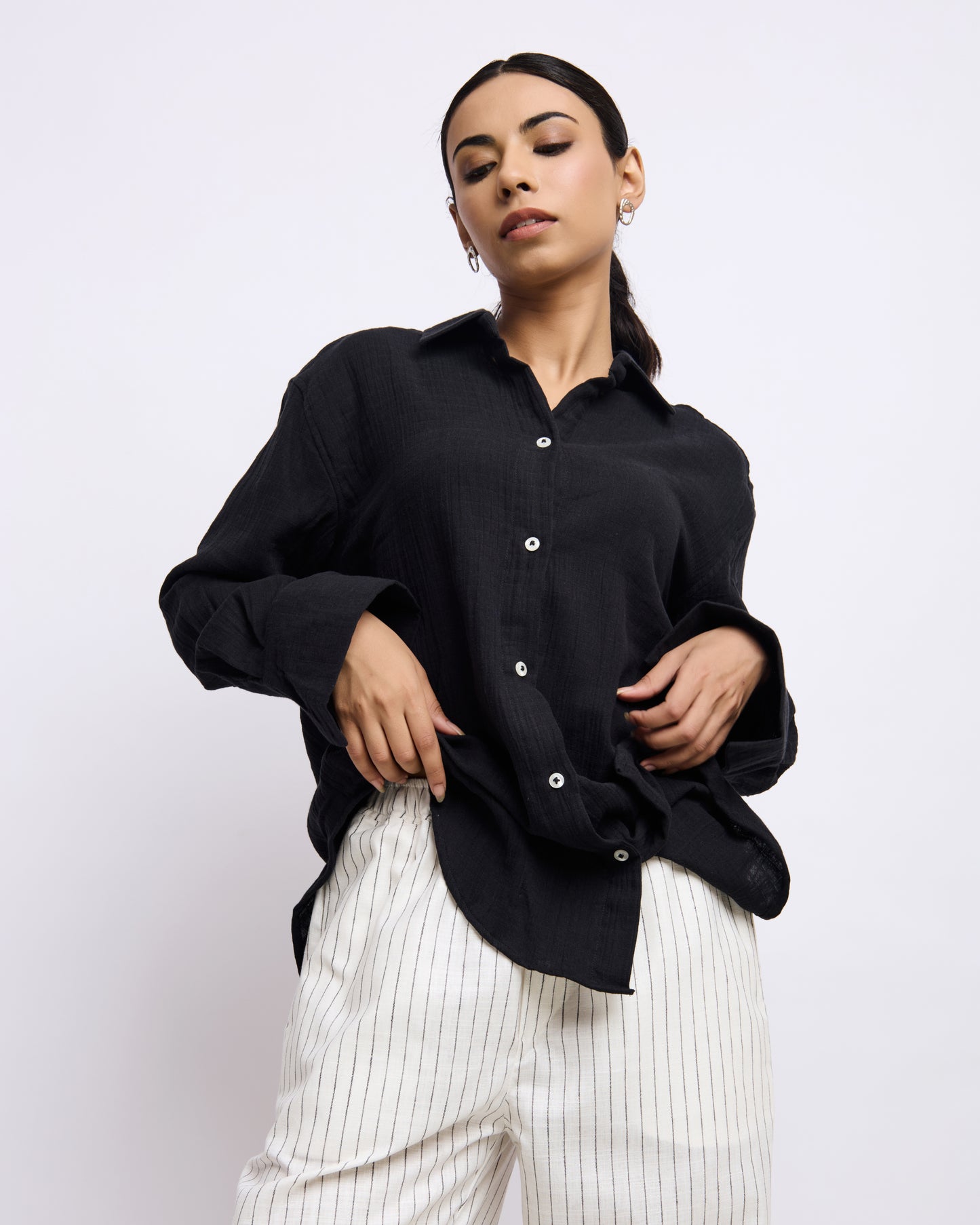 Black Cotton Gauged Shirt