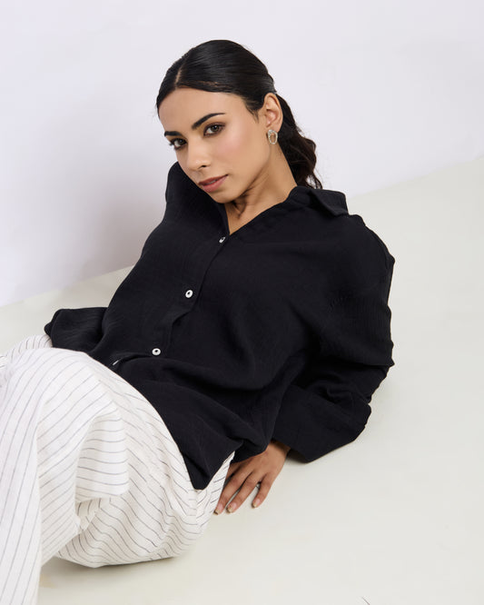 Black Cotton Gauged Shirt