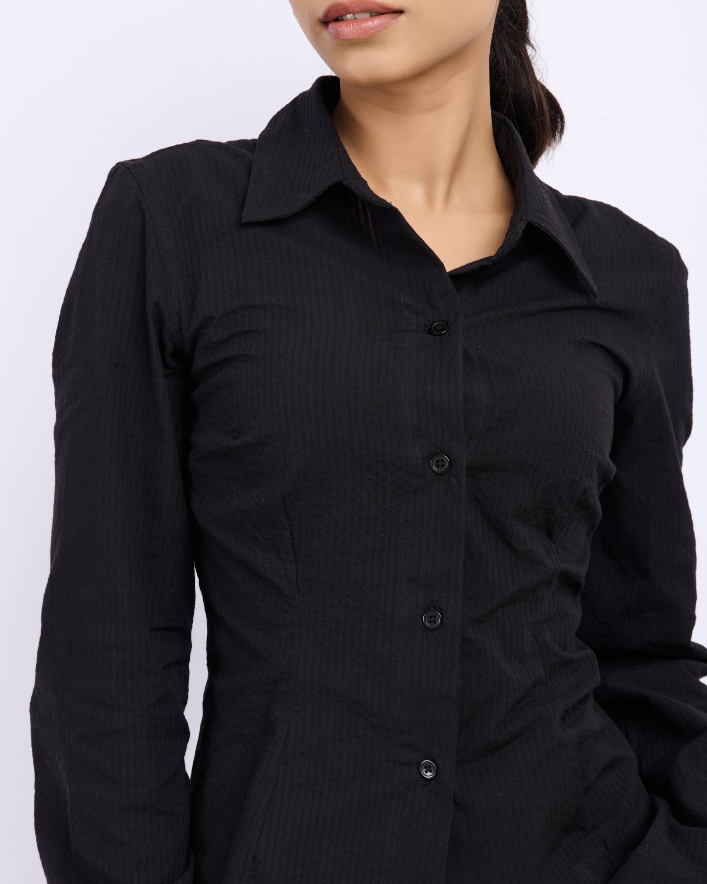 Black Fitted Shirt – Women’s Seersucker Cotton Shirt with Tie-Back Detail
