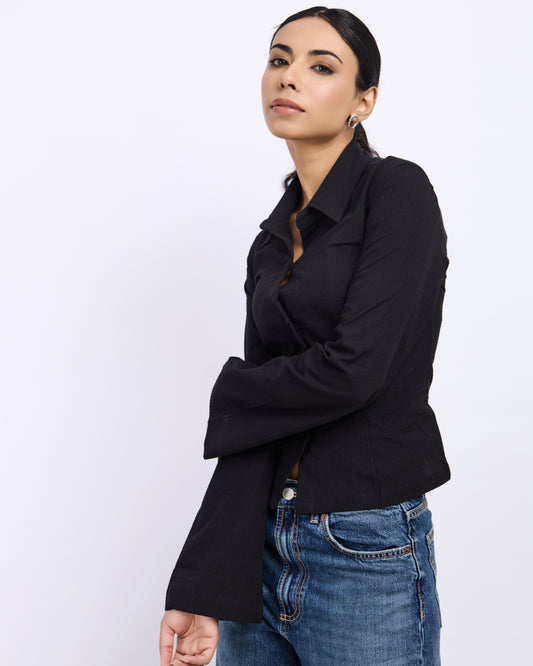 Black Fitted Shirt – Women’s Seersucker Cotton Shirt with Tie-Back Detail
