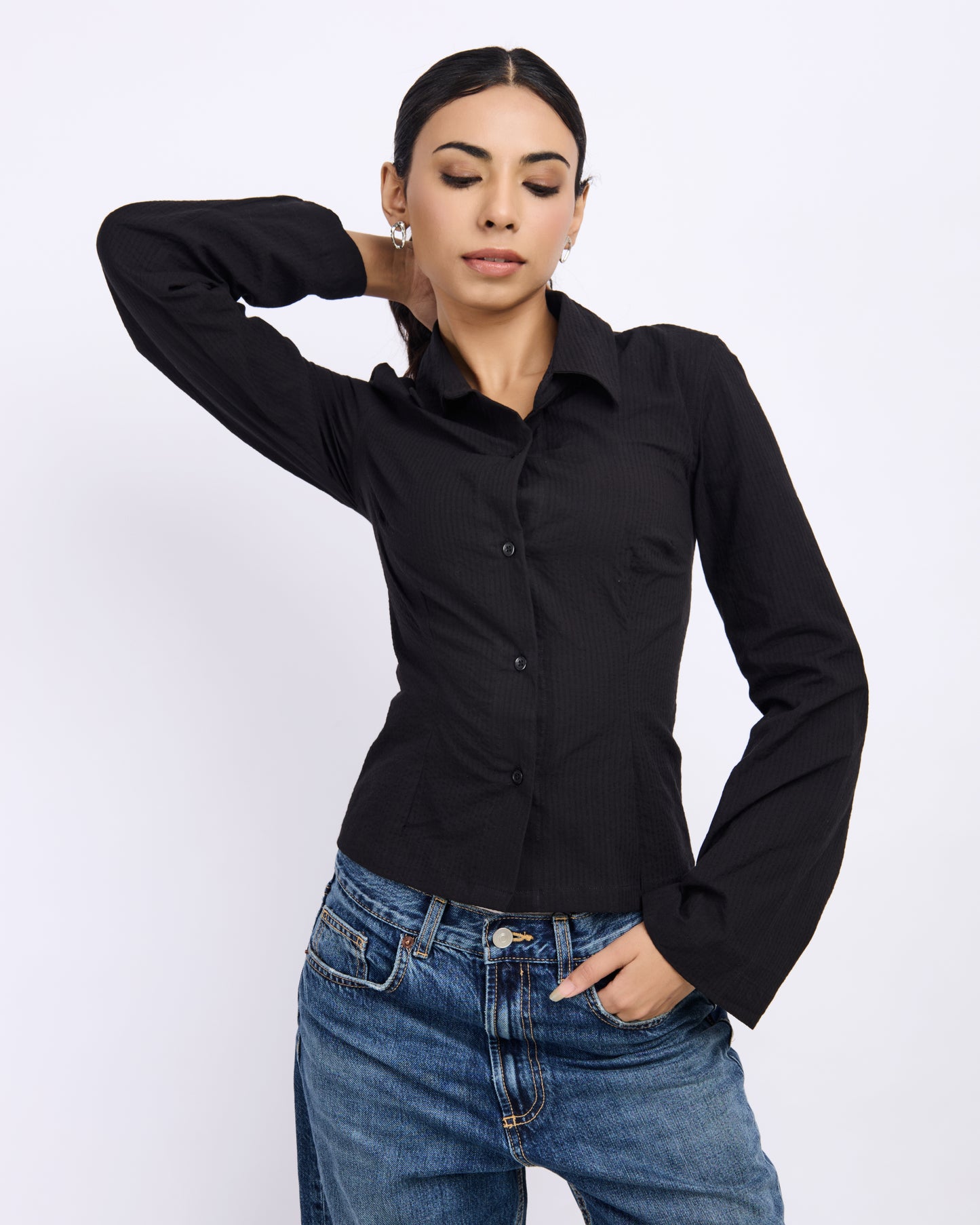 Black Fitted Shirt – Women’s Seersucker Cotton Shirt with Tie-Back Detail
