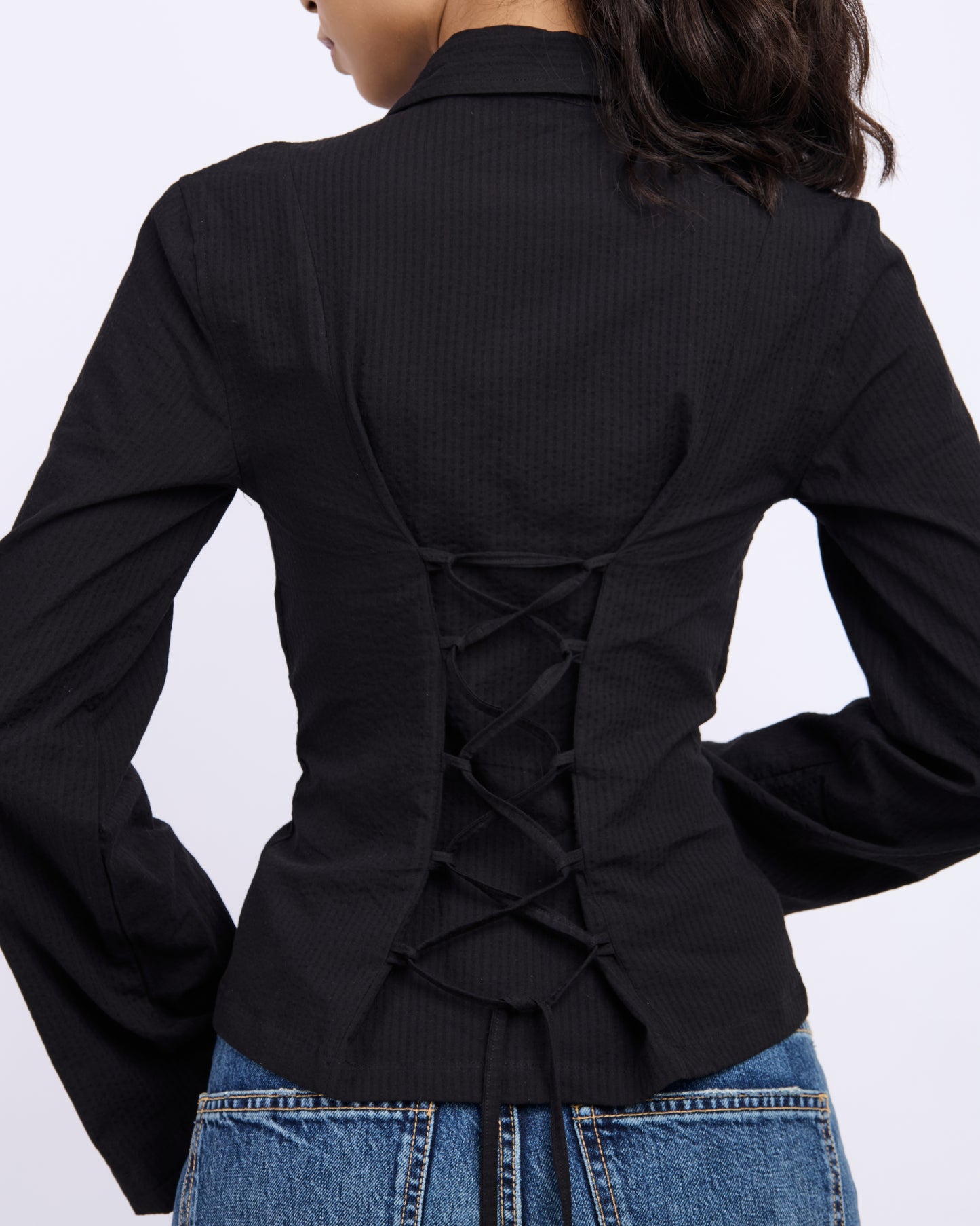 Black Fitted Shirt – Women’s Seersucker Cotton Shirt with Tie-Back Detail