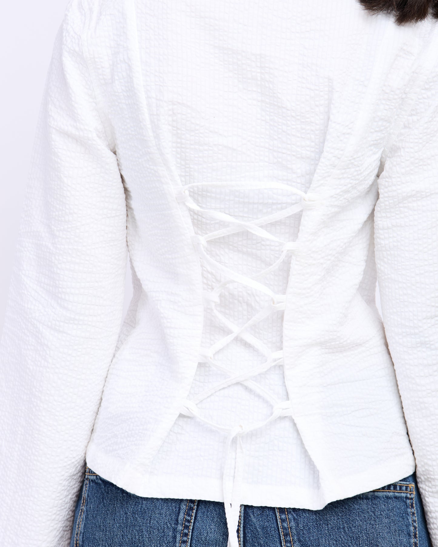 White Fitted Shirt – Women’s Seersucker Cotton Shirt with Tie-Back Detail