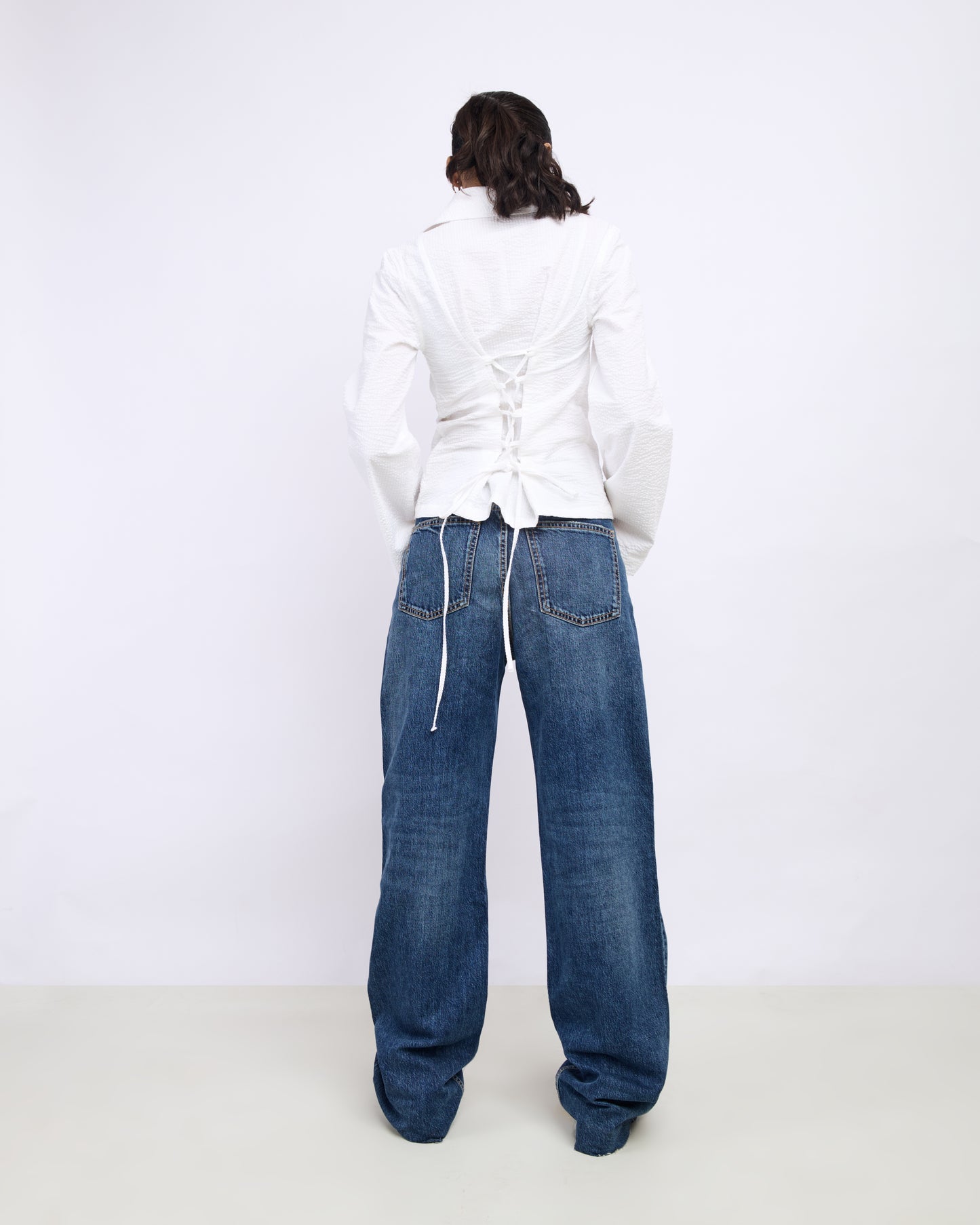 White Slim Fit Shirt – Women’s Seersucker Cotton Shirt with Tie-Back Detail