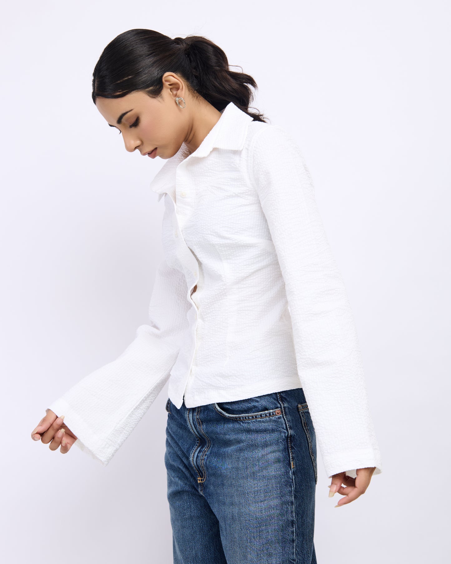 White Fitted Shirt – Women’s Seersucker Cotton Shirt with Tie-Back Detail