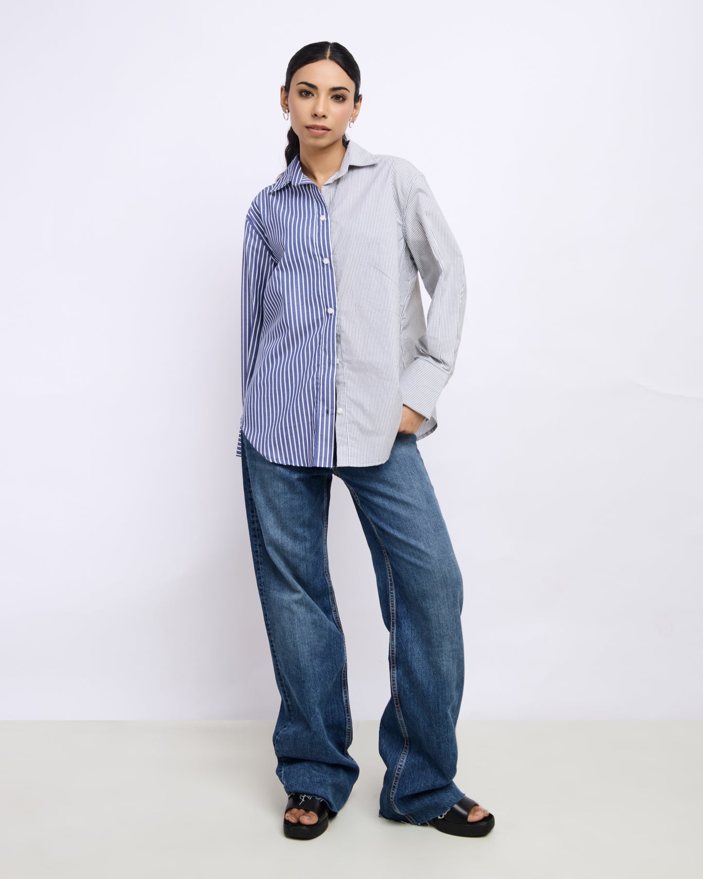 Half & Half Contrast Stripe Poplin Shirt