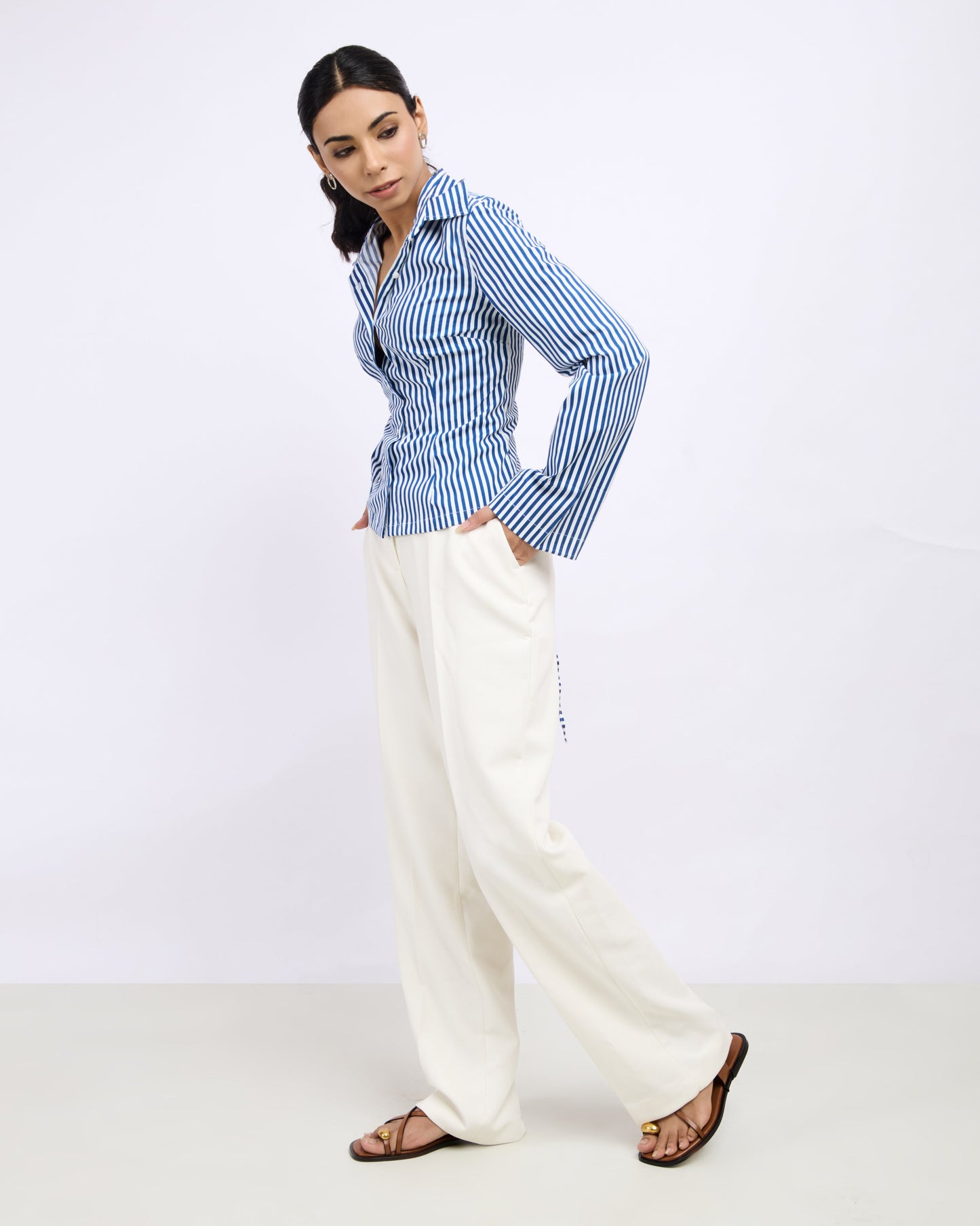 Blue Slim Fit Shirt – Women’s Cotton Shirt with Tie-Back Detail