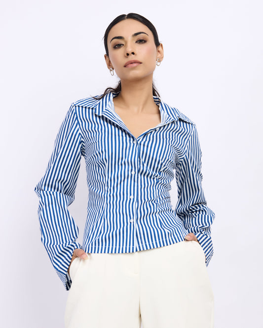 Blue Slim Fit Shirt – Women’s Cotton Shirt with Tie-Back Detail