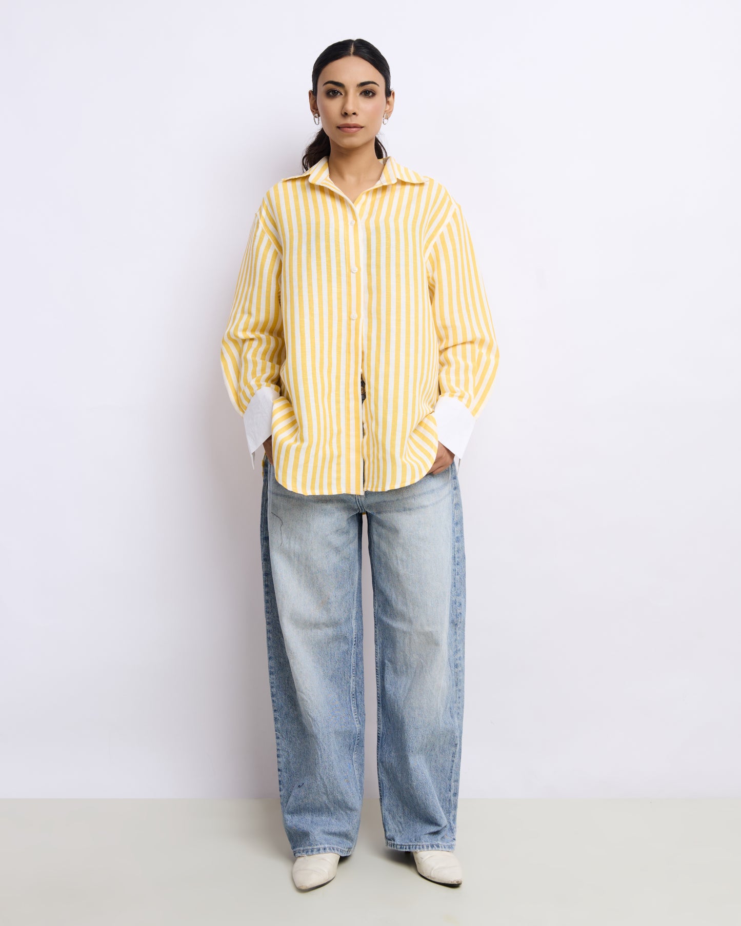 Lemon Yellow Linen Striped Shirt