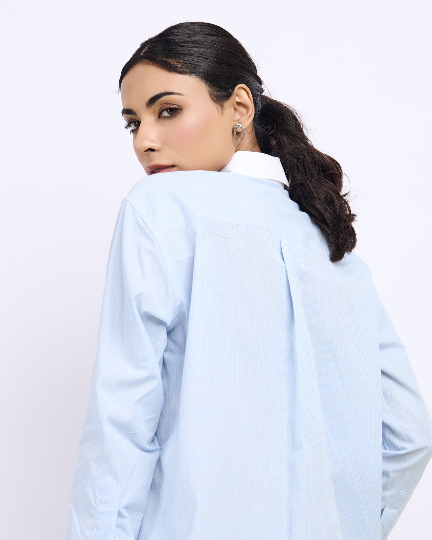 Blue Striped Shirt with White Cuffs and Collar