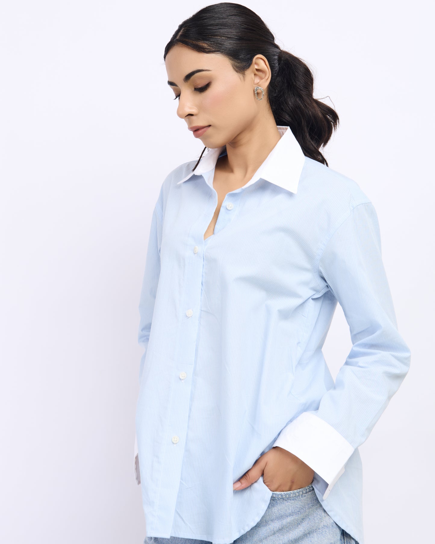 Blue Striped Shirt with White Cuffs and Collar