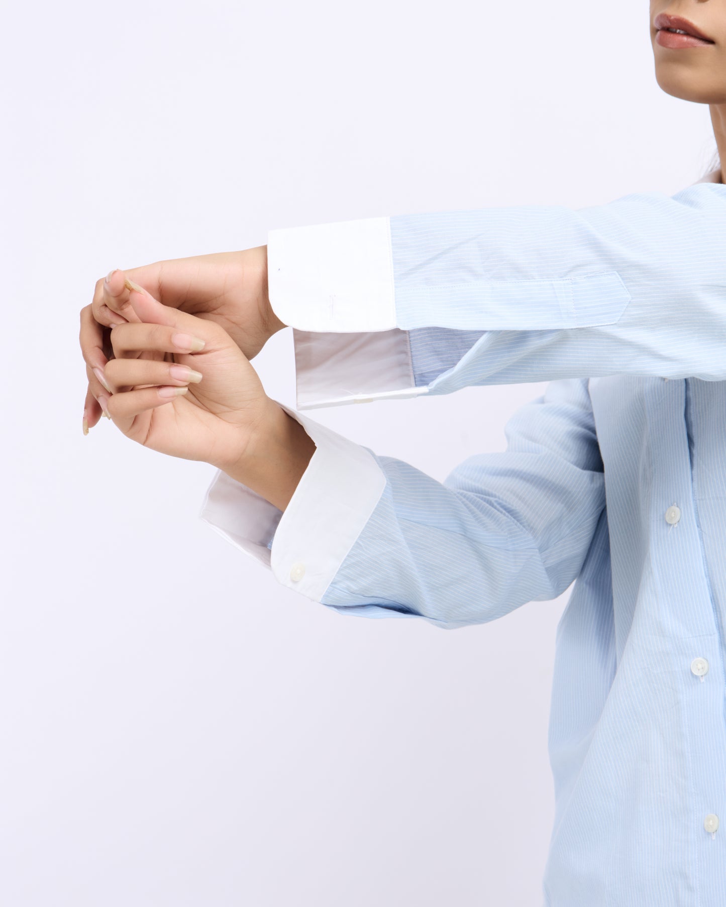 Blue Striped Shirt with White Cuffs and Collar