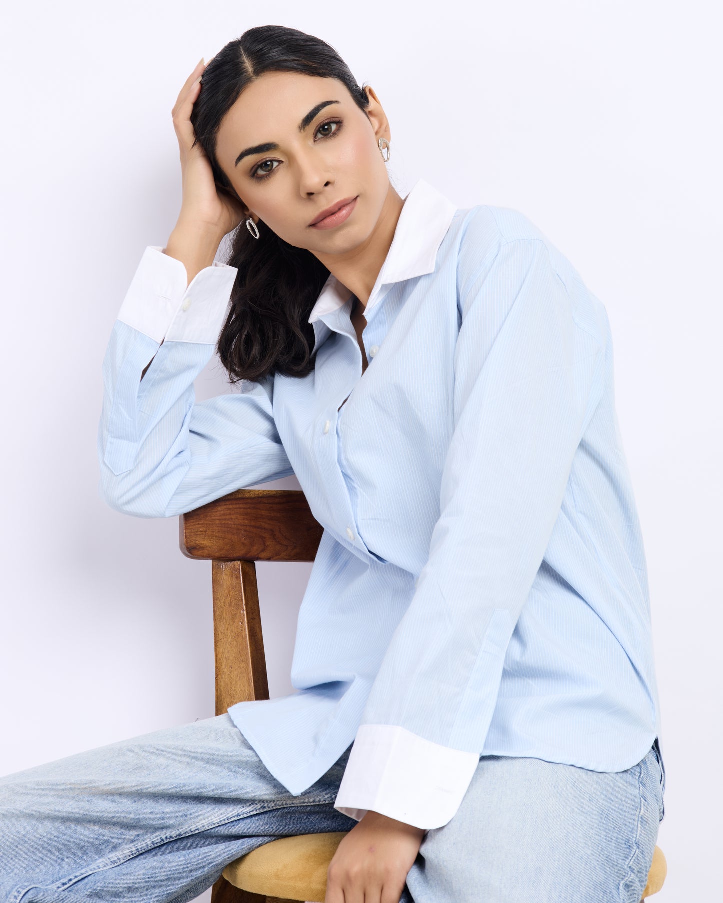 Blue Striped Shirt with White Cuffs and Collar