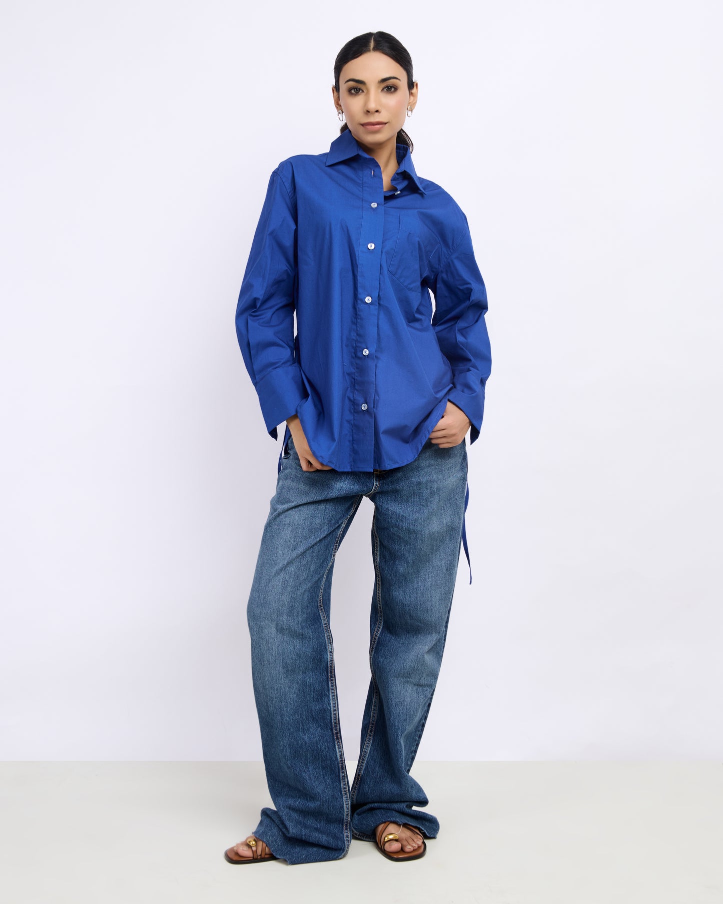 Blue Poplin Shirt with Tie-back Detail