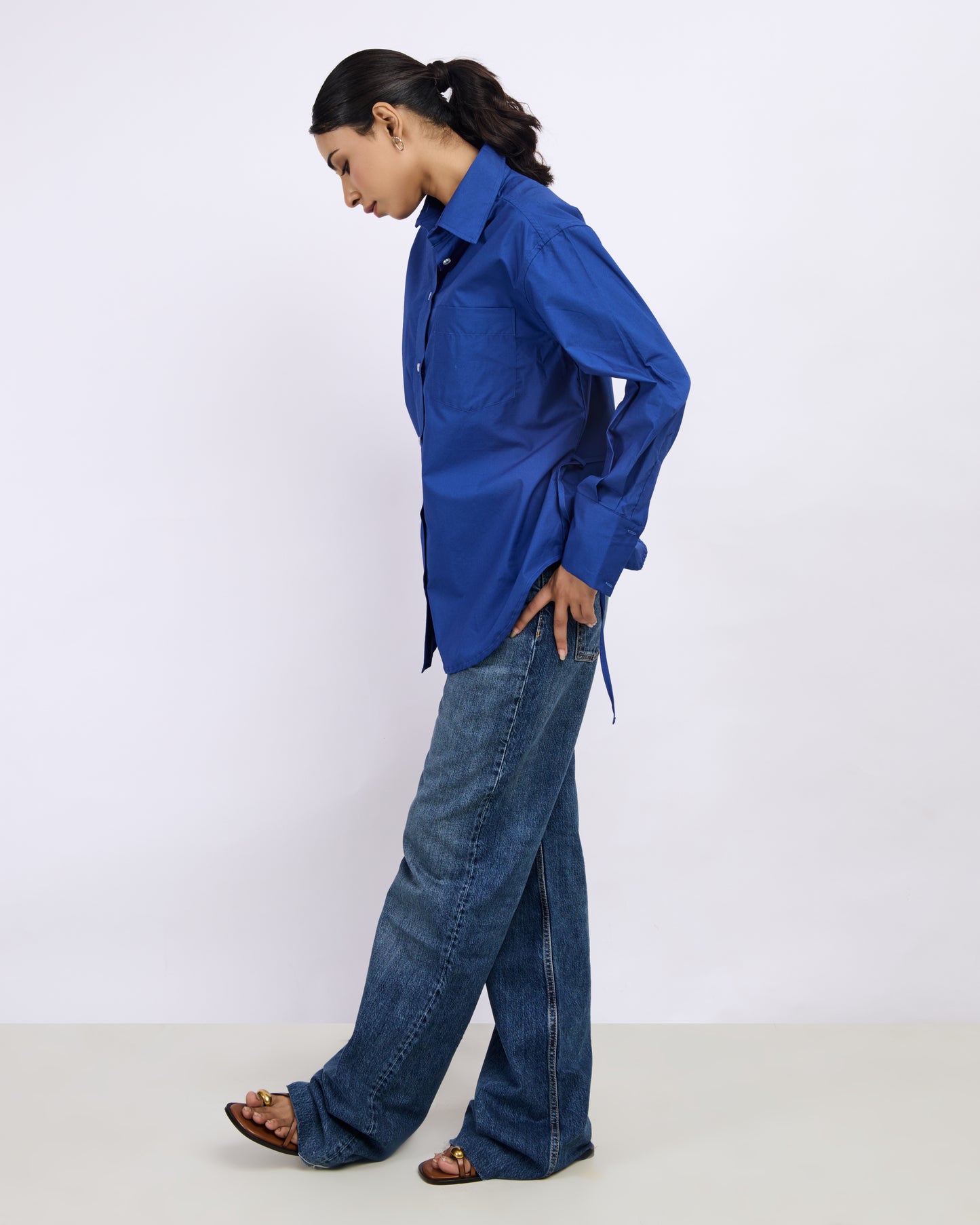 Blue Poplin Shirt with Tie-back Detail