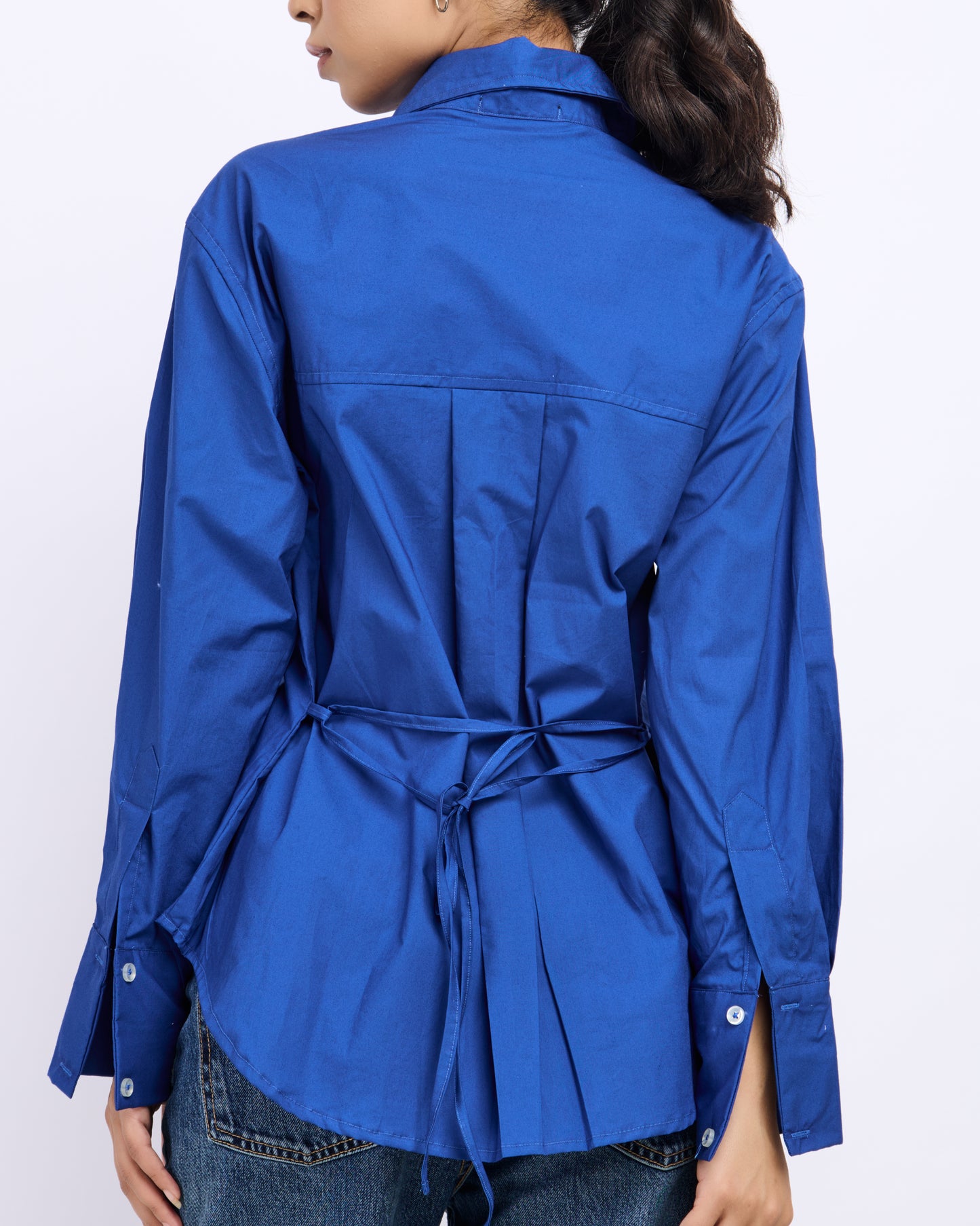 Blue Poplin Shirt with Tie-back Detail