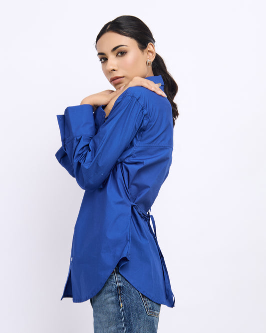 Blue Poplin Shirt with Tie-back Detail