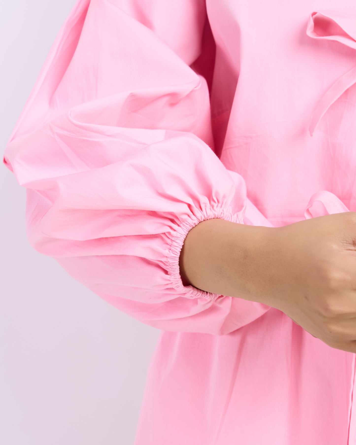 Pink Cotton Poplin Bow Top with Balloon Sleeves