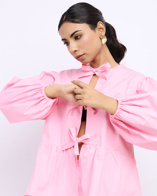 Pink Cotton Poplin Bow Top with Balloon Sleeves