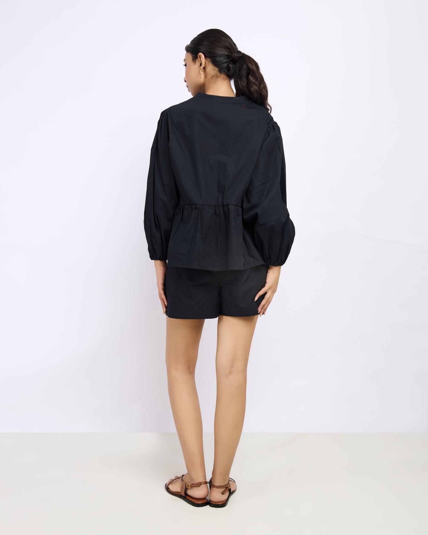 Black Cotton Poplin Bow Top with Balloon Sleeves