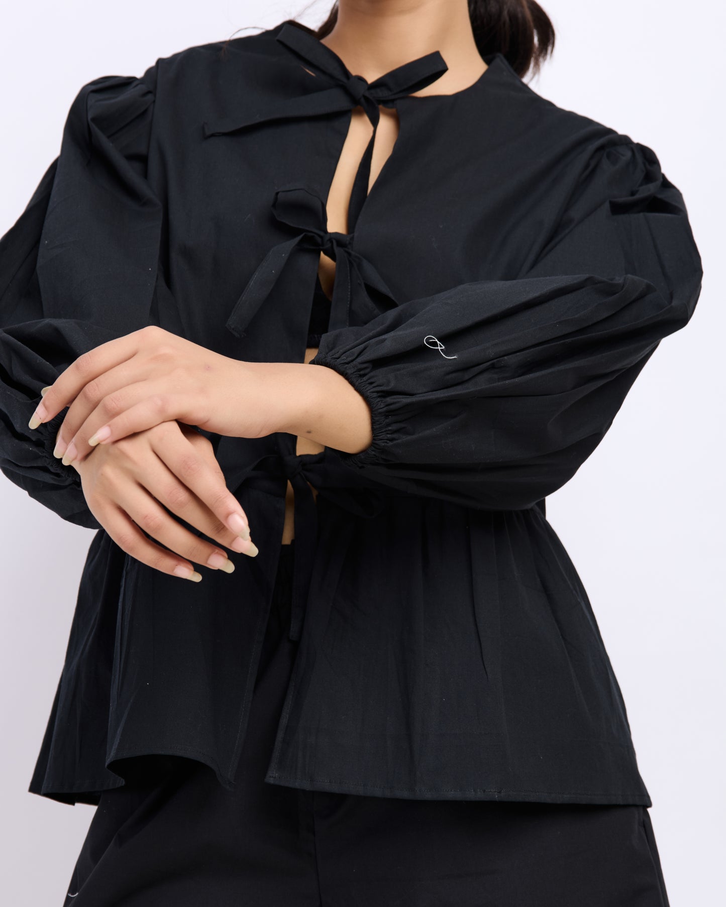 Black Cotton Poplin Bow Top with Balloon Sleeves