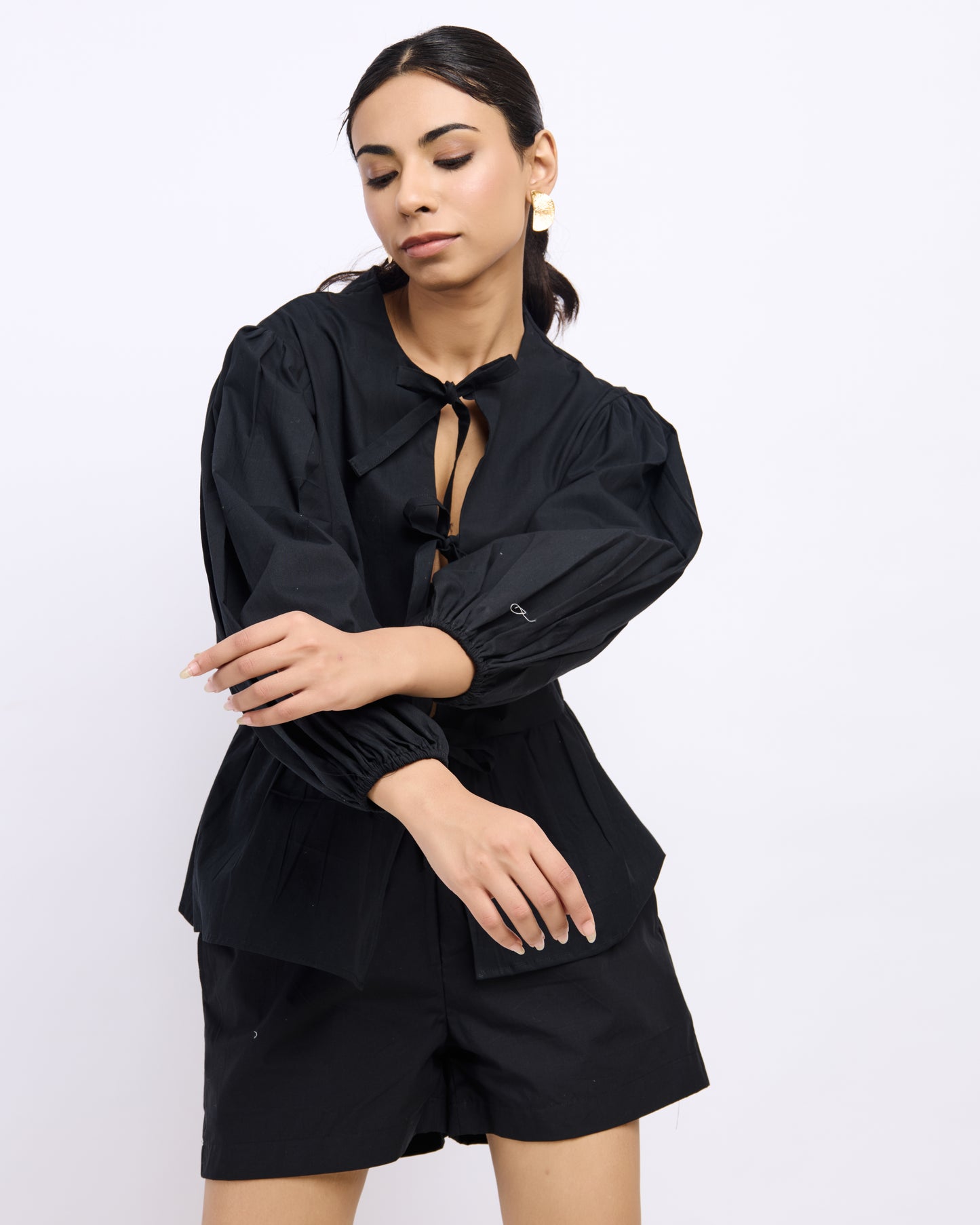 Black Cotton Poplin Bow Top with Balloon Sleeves