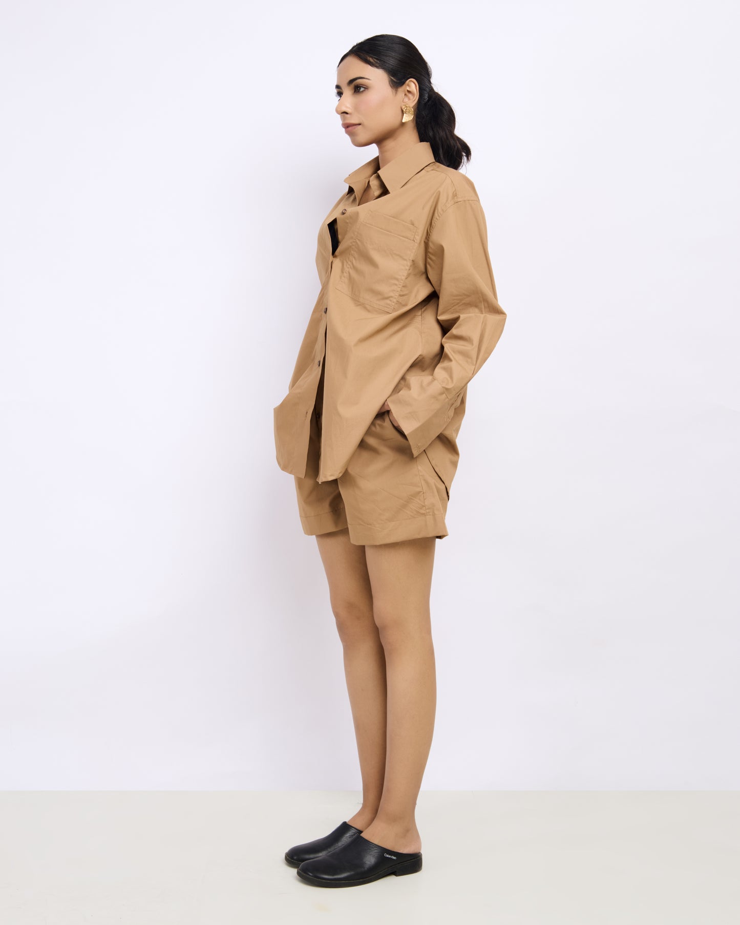 Beige Cotton Poplin Shirt with Double Pocket