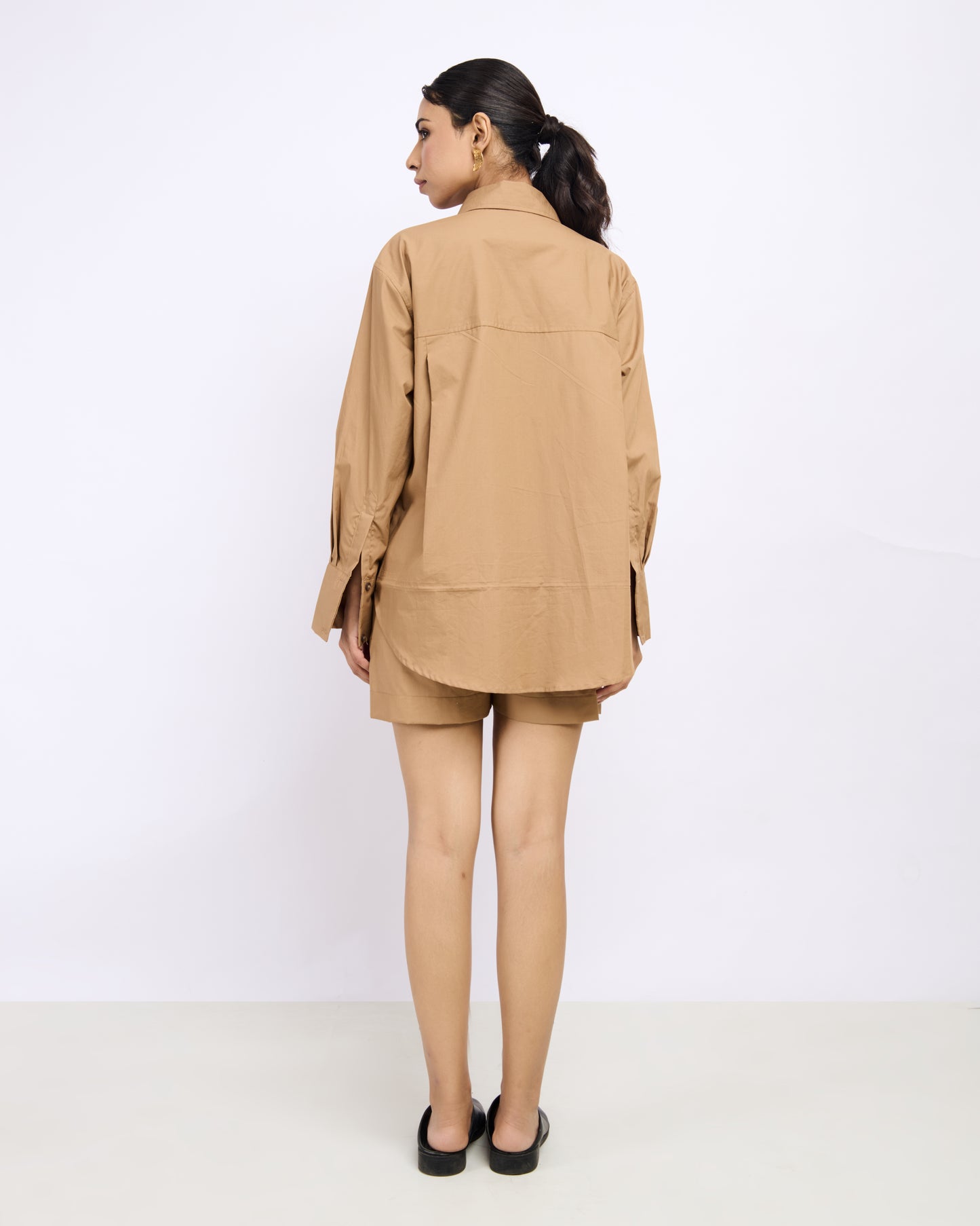 Beige Cotton Poplin Shirt with Double Pocket