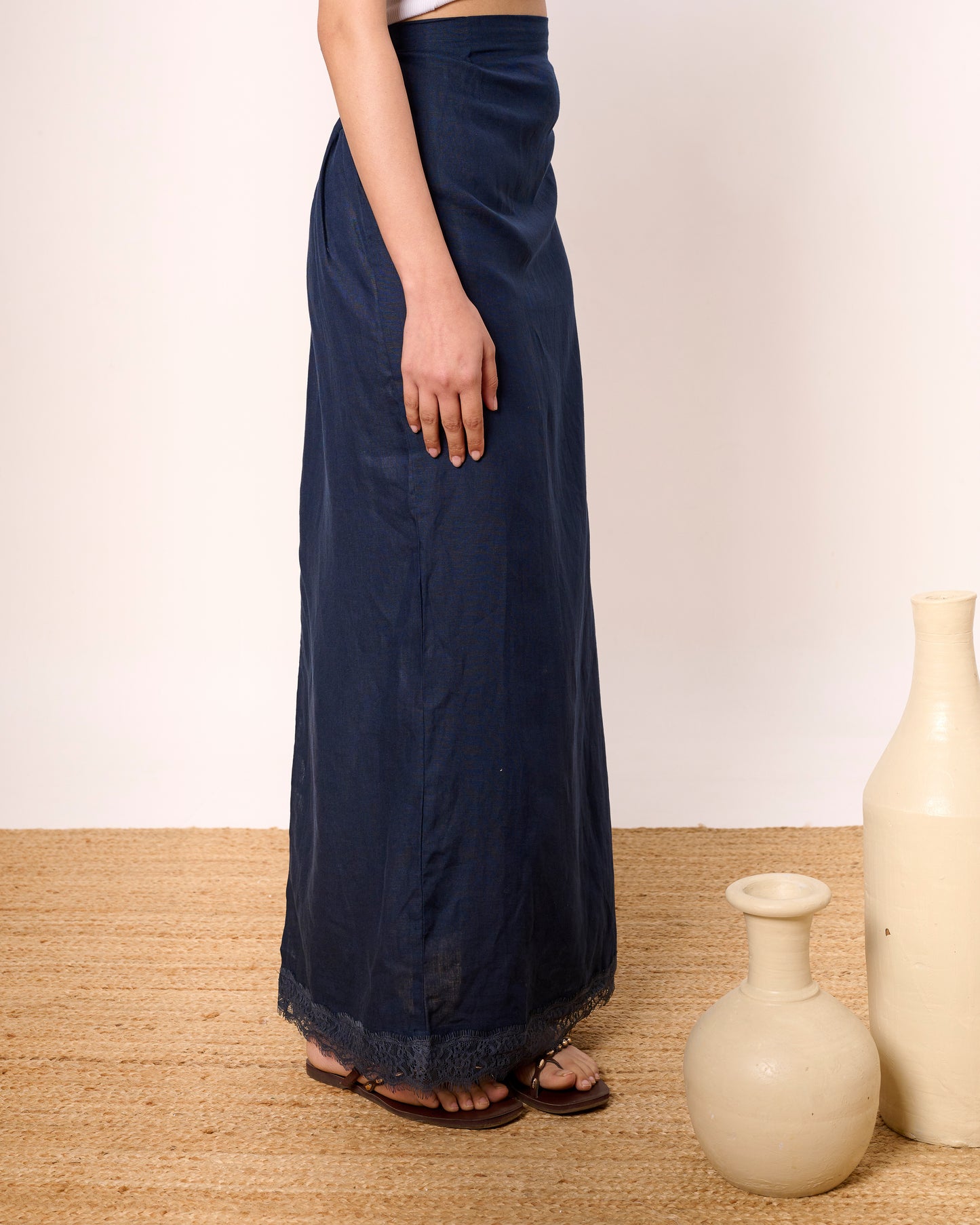 Navy Linen Straight Skirt