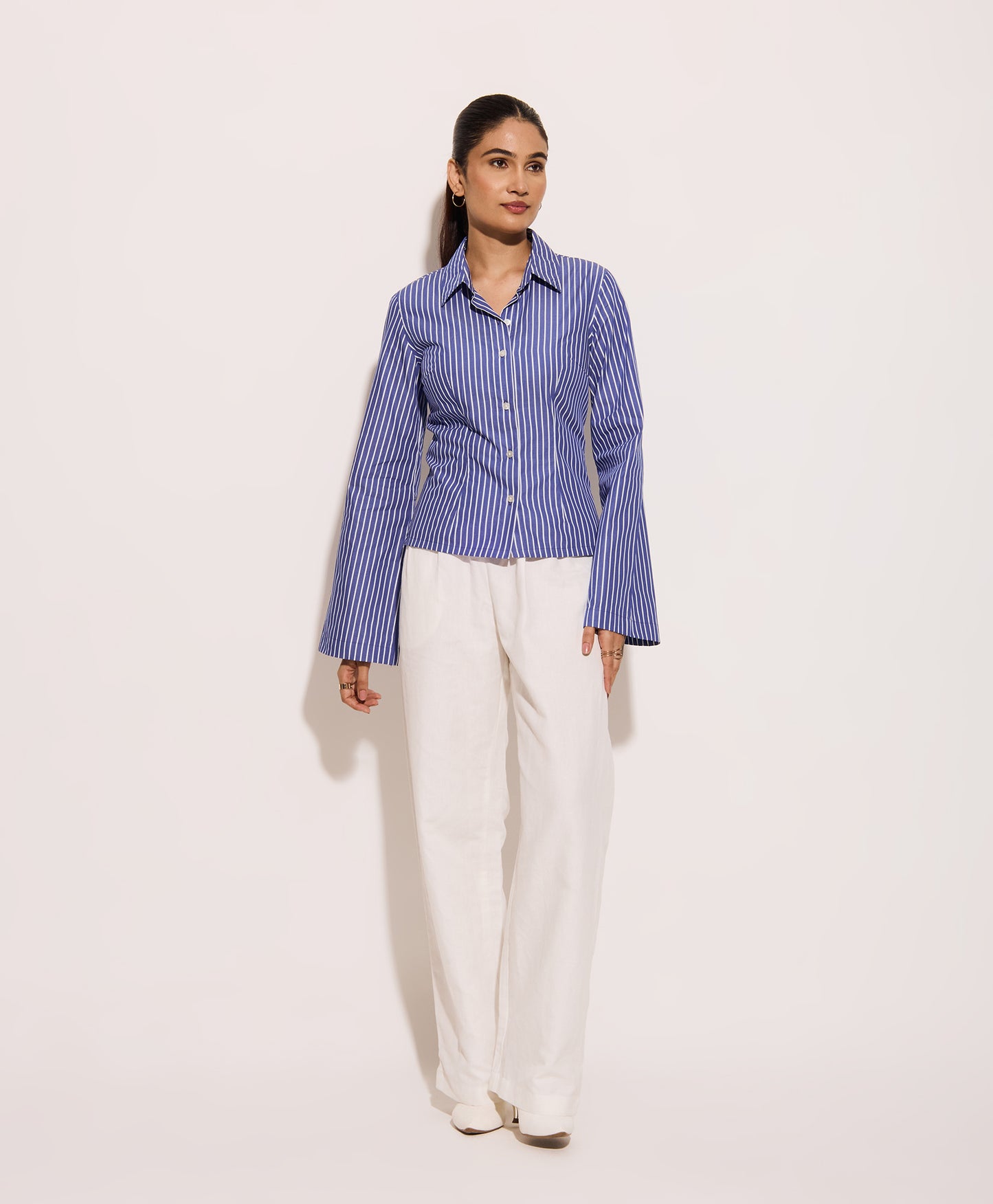 Bold Blue Striped Fitted Shirt – Cotton Poplin Shirt with Tie-Back Detail