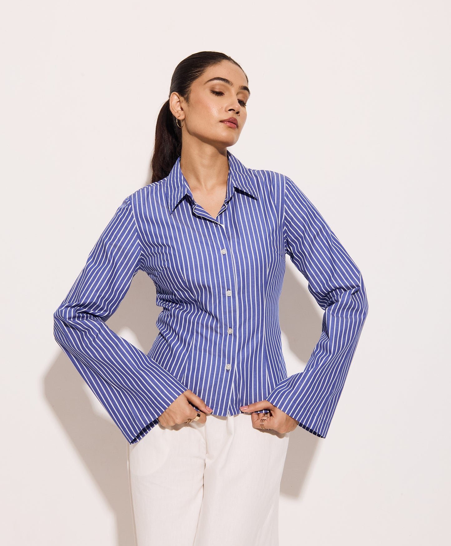 Bold Blue Striped Fitted Shirt – Cotton Poplin Shirt with Tie-Back Detail
