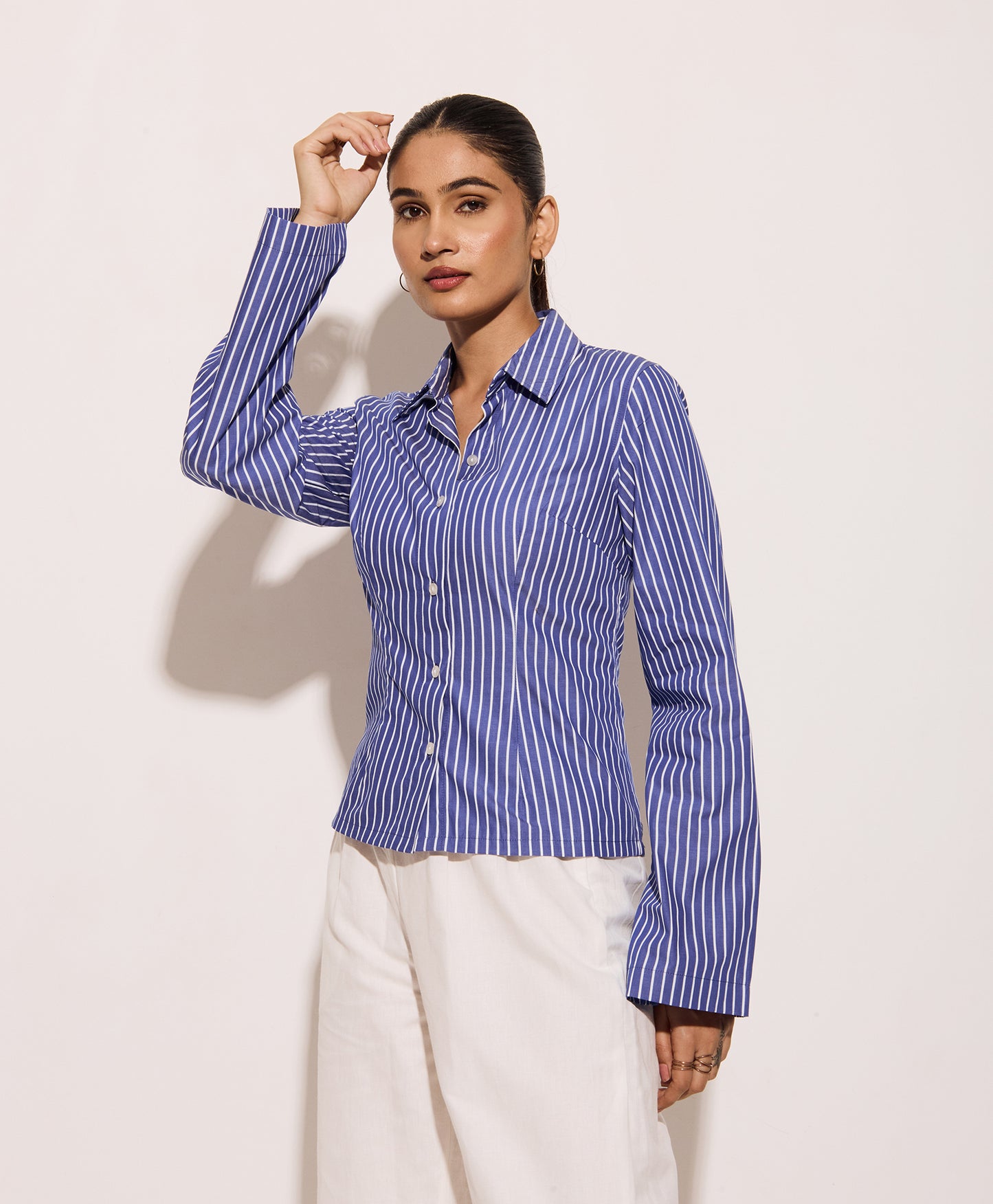 Bold Blue Striped Fitted Shirt – Cotton Poplin Shirt with Tie-Back Detail